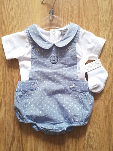 Sky Blue Short Dungaree Set with Teddy Embroidery 18262