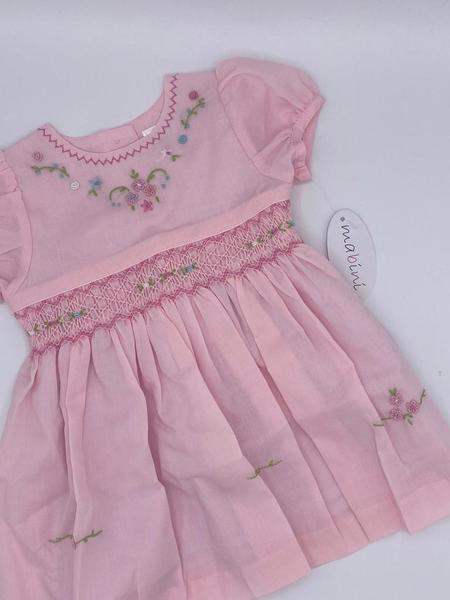Smock Dress -Pink with Embroidered Flowers