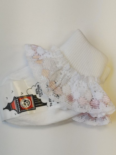  White TOT Ankle Socks with Pink Lace Trim