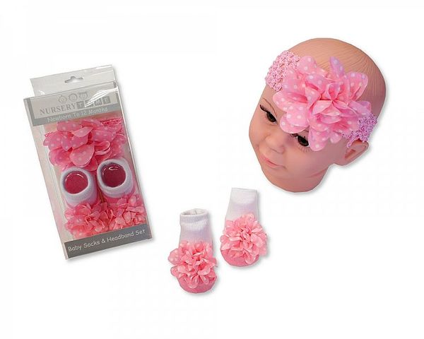  Socks & Headband Set -Pink Polka Big Flower 0773