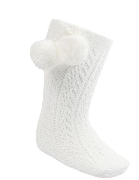  Pelerine Knee High Socks with Pom Pom -White