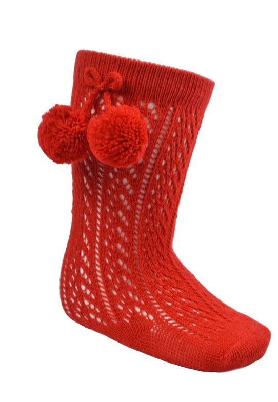 Pelerine Knee High Socks with Pom Pom -Red
