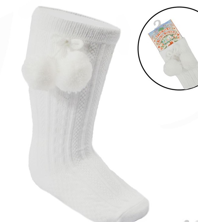  White Pom Pom Knee High Socks 0-24 months 