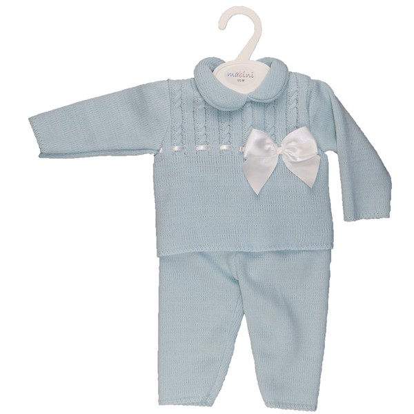 Blue Knitted Pram Suit with Bow & Cable Knit 622 
