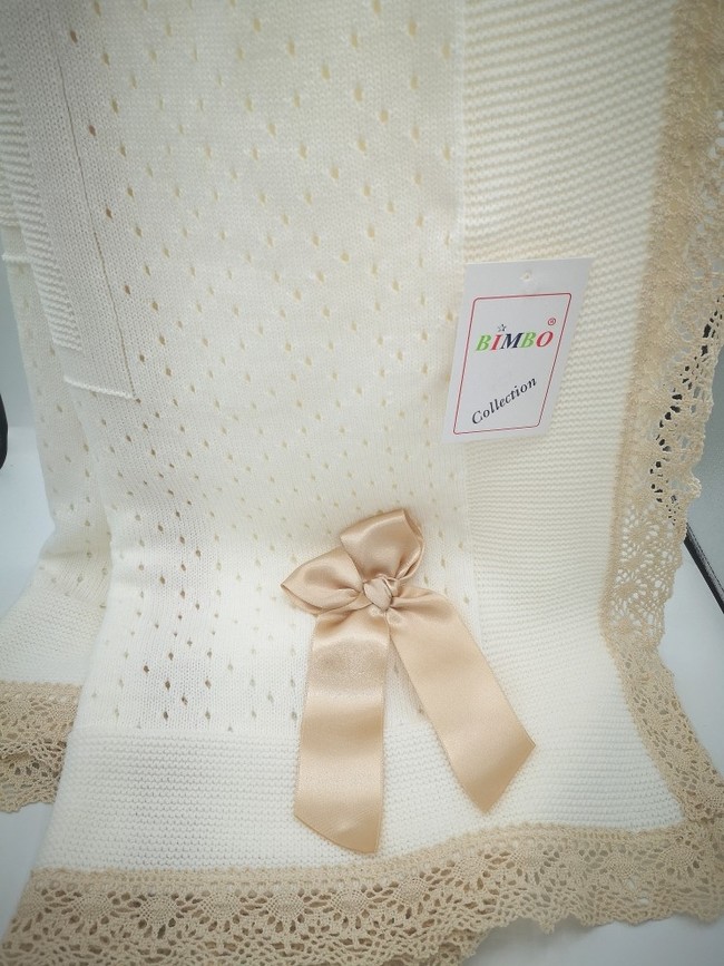 Crochet lace and ribbon shawl Cream W Camel Bow