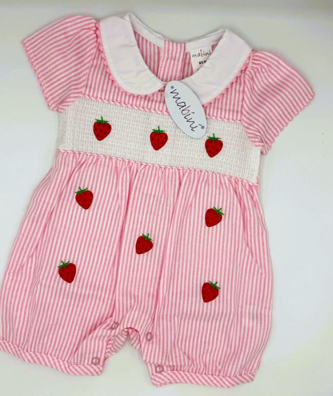 Pink Striped Romper with smock & strawberries 8001