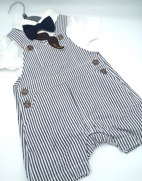 Navy striped dungaree set with bow tie 7166