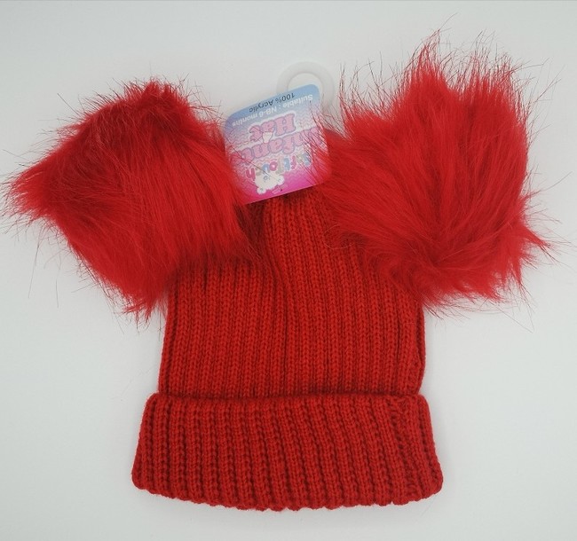 Knitted Hats with Fur Double Pom Pom -H506 Red