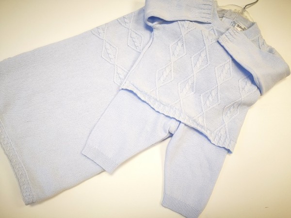 Blue Knitted Pram Suit with Matching Shawl 