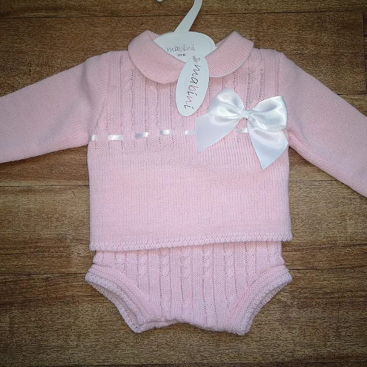 Knitted Blue 2pc Jam Pants set with White Satin bow 133