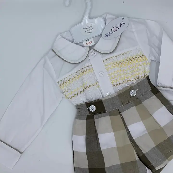 White & Cream Check Smock Shorts set 2602