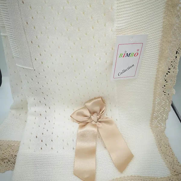 Crochet lace and ribbon shawl Cream W Camel Bow
