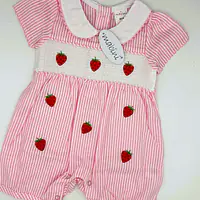 Pink Striped Romper with smock & strawberries 8001