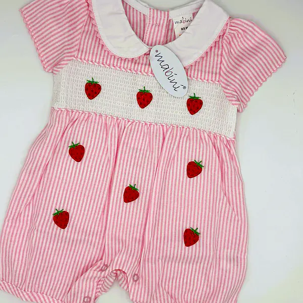 Pink Striped Romper with smock & strawberries 8001