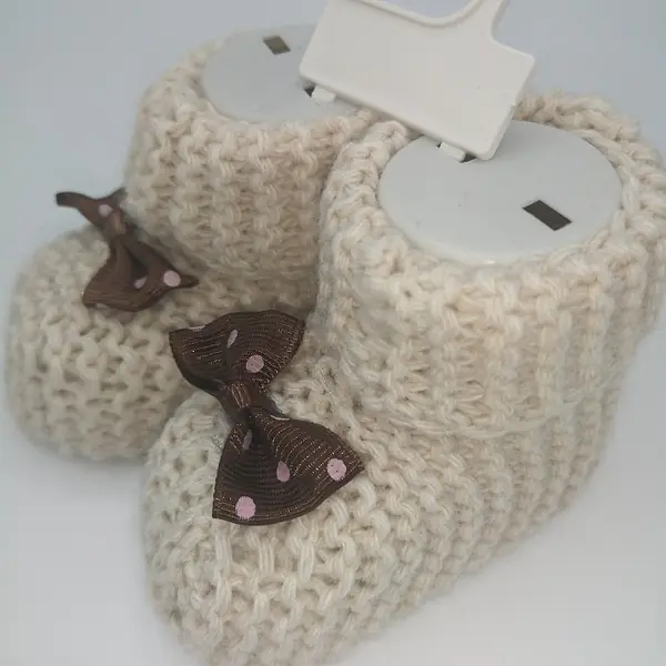 Cream Knitted Bootees with brown & pink bow