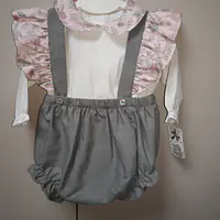 Dungaree and long sleeved top in slate & cream with pink frill - Master
