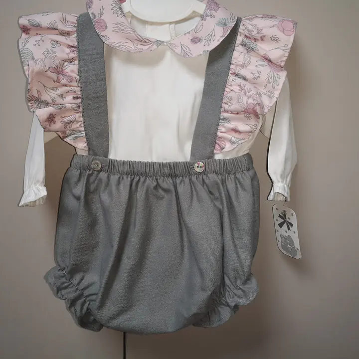 Dungaree and long sleeved top in slate & cream with pink frill - Master