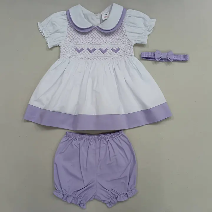 Lilac & White Smocked Dress Set with embroidery details (6pcs) - Master